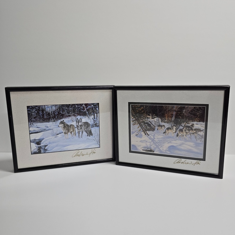 Andrew Kiss Wolf Art Cards Set of 2 Framed Winter Wildlife Cabin Signed‎